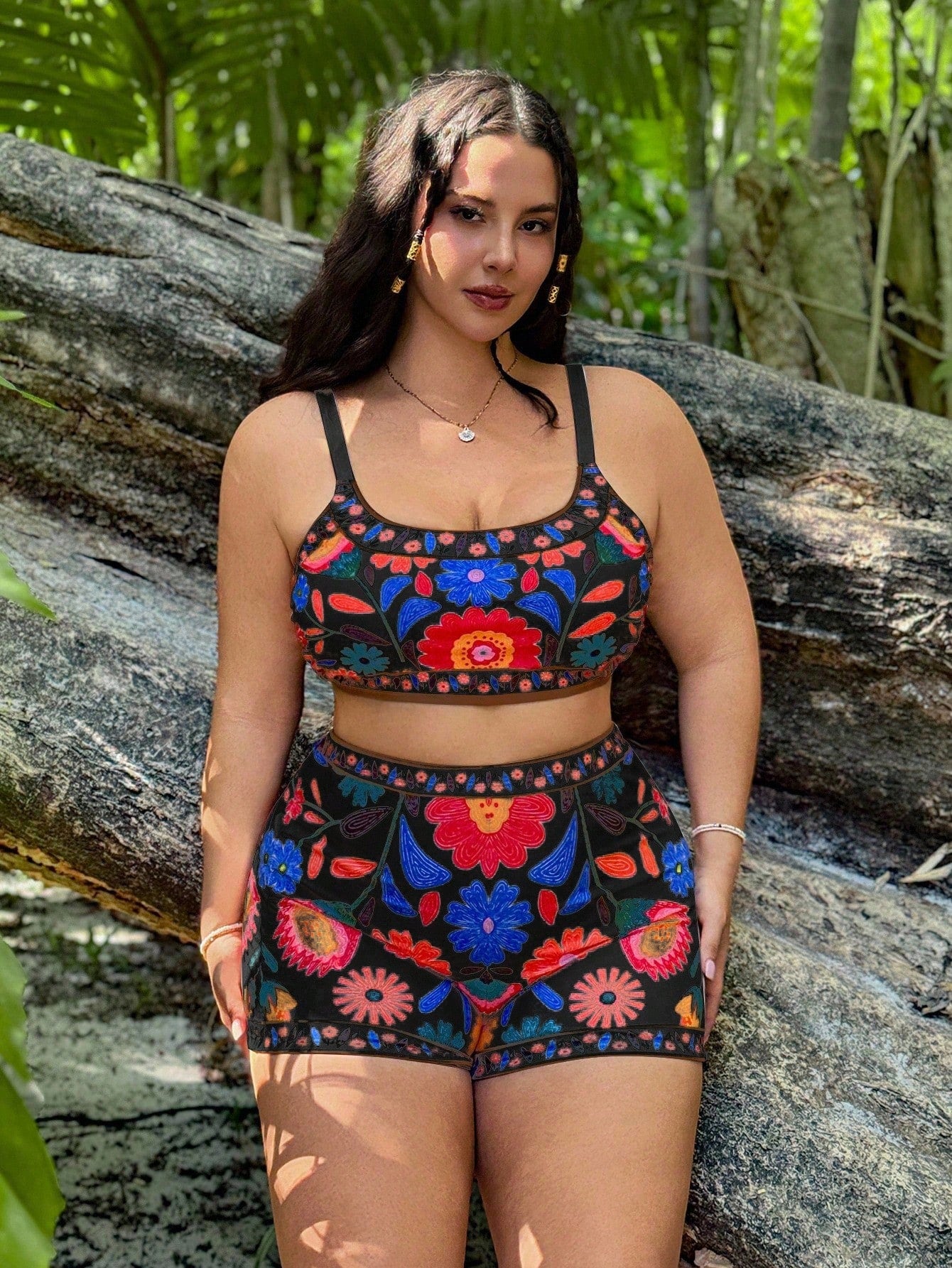 Swim Vcay 3pcs/Set Plus Size Women Position Floral Design One Piece Swimsuit & Cover Up Set, Casual Summer Beach Wear
