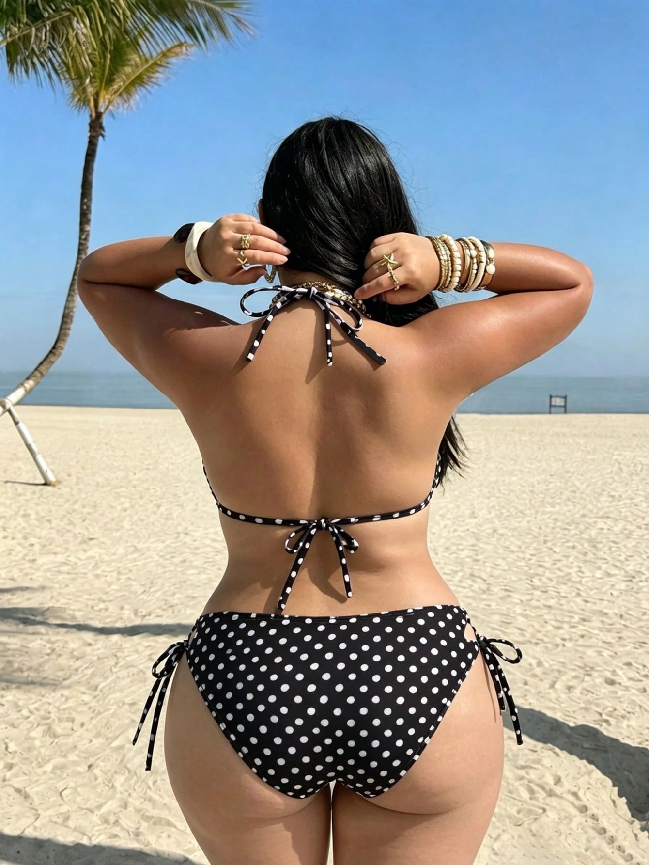 Swim Vcay Plus Size Multi-Color Print Triangle Top With Drawstring Shoulder Straps, Metal Hardware, Back Tie, Paired With High-Waist Triangle Bottoms With Side Cutouts And Drawstring Tie, Sexy Elegant