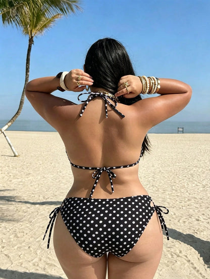 Swim Vcay Plus Size Multi-Color Print Triangle Top With Drawstring Shoulder Straps, Metal Hardware, Back Tie, Paired With High-Waist Triangle Bottoms With Side Cutouts And Drawstring Tie, Sexy Elegant