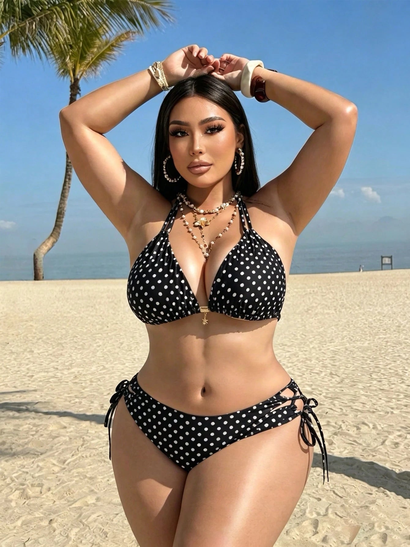 Swim Vcay Plus Size Multi-Color Print Triangle Top With Drawstring Shoulder Straps, Metal Hardware, Back Tie, Paired With High-Waist Triangle Bottoms With Side Cutouts And Drawstring Tie, Sexy Elegant