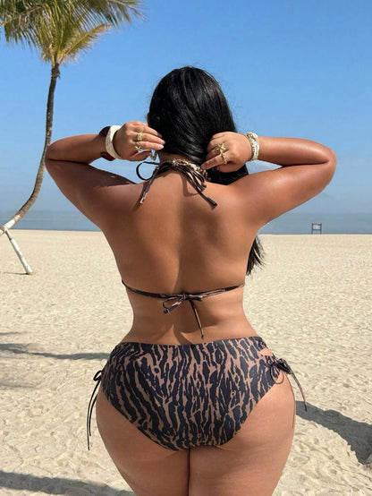 Swim Vcay Plus Size Multi-Color Print Triangle Top With Drawstring Shoulder Straps, Metal Hardware, Back Tie, Paired With High-Waist Triangle Bottoms With Side Cutouts And Drawstring Tie, Sexy Elegant