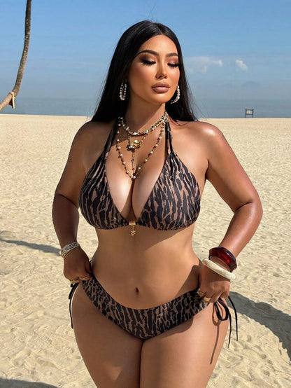 Swim Vcay Plus Size Multi-Color Print Triangle Top With Drawstring Shoulder Straps, Metal Hardware, Back Tie, Paired With High-Waist Triangle Bottoms With Side Cutouts And Drawstring Tie, Sexy Elegant