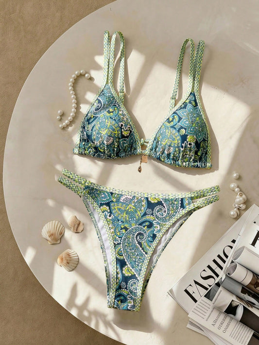 Swim Vcay Plus Size Navy Blue Boho Printed Swimwear Set,Women's Summer Holiday Beach Double-Layer Spaghetti Strap Triangle Cup Backless Top & High Waist Bottom