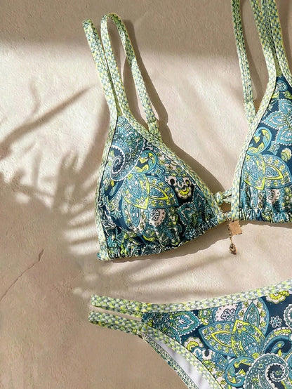 Swim Vcay Plus Size Navy Blue Boho Printed Swimwear Set,Women's Summer Holiday Beach Double-Layer Spaghetti Strap Triangle Cup Backless Top & High Waist Bottom