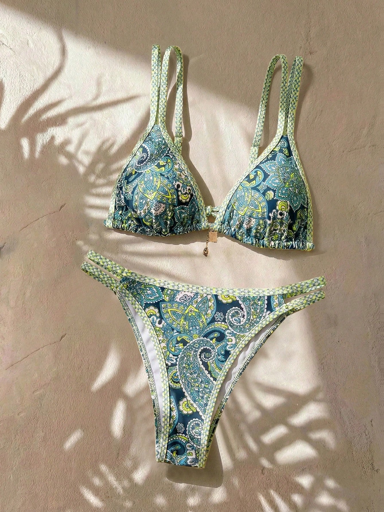 Swim Vcay Plus Size Navy Blue Boho Printed Swimwear Set,Women's Summer Holiday Beach Double-Layer Spaghetti Strap Triangle Cup Backless Top & High Waist Bottom