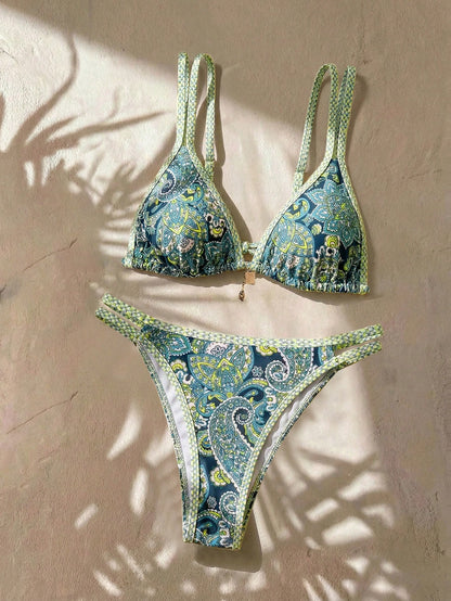 Swim Vcay Plus Size Navy Blue Boho Printed Swimwear Set,Women's Summer Holiday Beach Double-Layer Spaghetti Strap Triangle Cup Backless Top & High Waist Bottom
