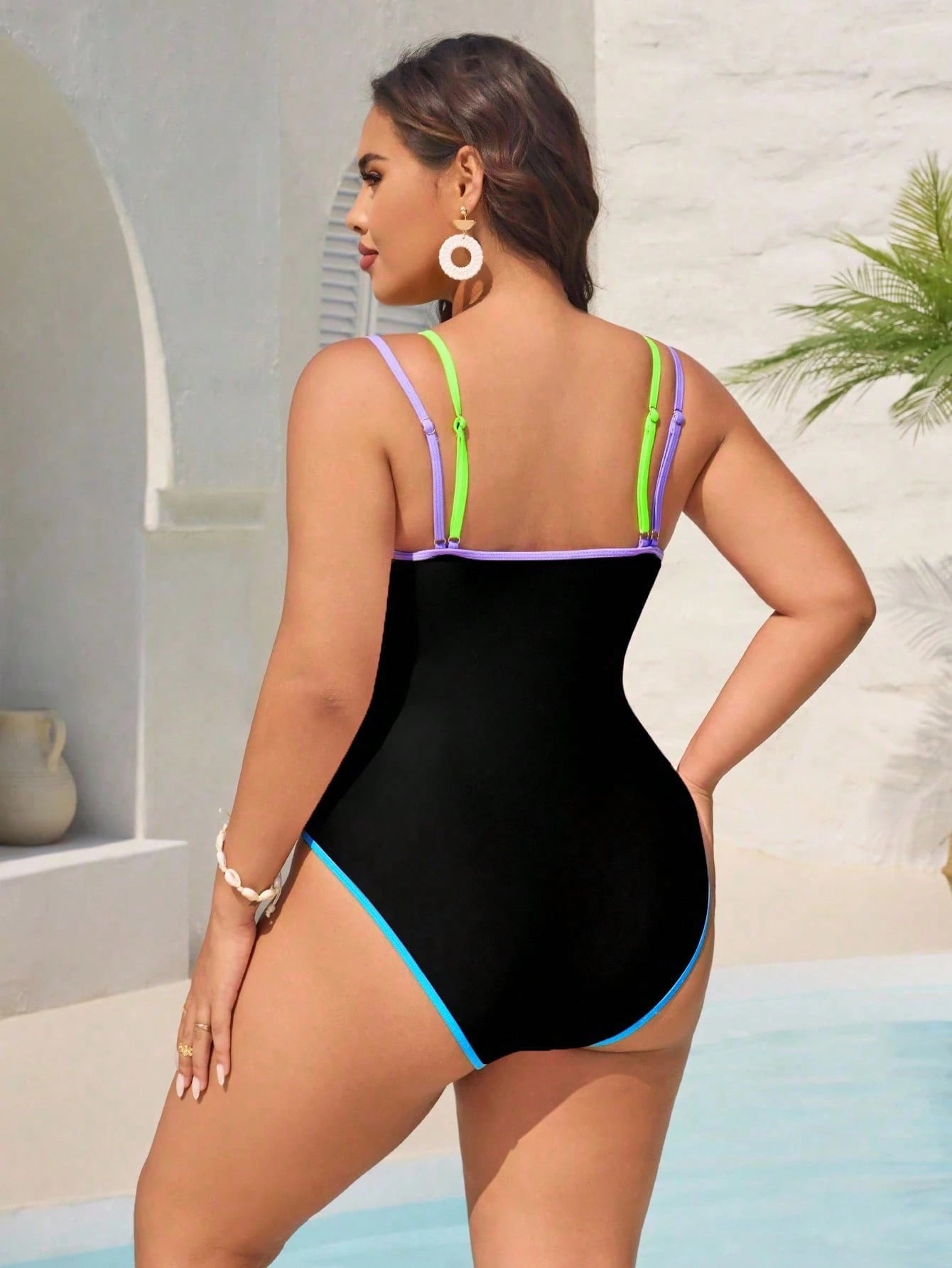 Swim Vcay Plus Size One-Piece Women Swimsuit With Adjustable Shoulder Straps, V-Neck Hollow Out Design, Multi-Color Patchwork For Summer Beach Vacation