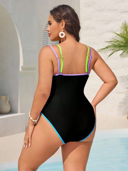 Swim Vcay Plus Size One-Piece Women Swimsuit With Adjustable Shoulder Straps, V-Neck Hollow Out Design, Multi-Color Patchwork For Summer Beach Vacation