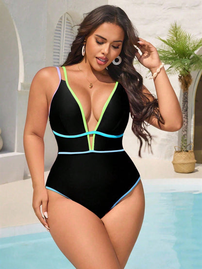Swim Vcay Plus Size One-Piece Women Swimsuit With Adjustable Shoulder Straps, V-Neck Hollow Out Design, Multi-Color Patchwork For Summer Beach Vacation