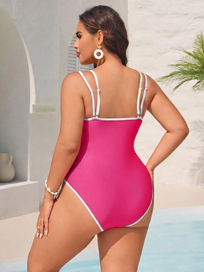 Swim Vcay Plus Size One-Piece Women Swimsuit With Adjustable Shoulder Straps, V-Neck Hollow Out Design, Multi-Color Patchwork For Summer Beach Vacation
