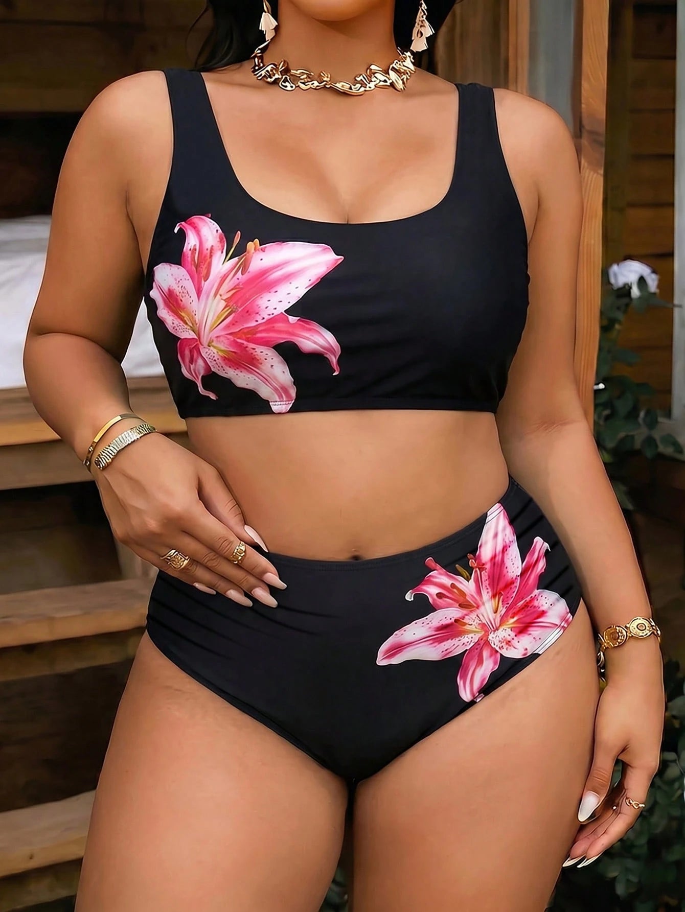 Swim Vcay Plus Size Women Black & White Plaid Two-Piece Fashion Casual Vacation Swimsuit Set