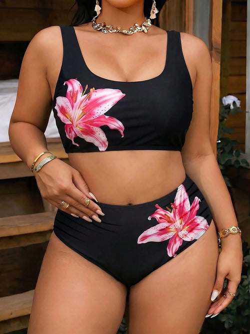 Swim Vcay Plus Size Women Black & White Plaid Two-Piece Fashion Casual Vacation Swimsuit Set