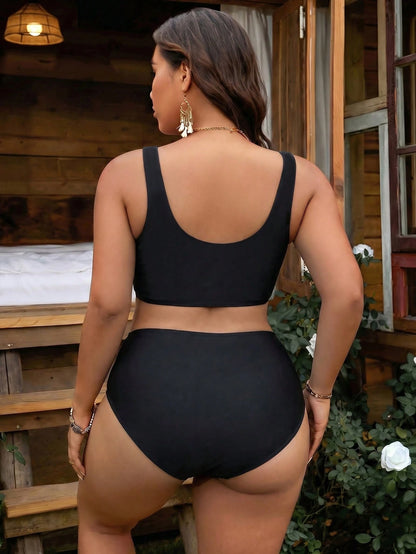 Swim Vcay Plus Size Women Black & White Plaid Two-Piece Fashion Casual Vacation Swimsuit Set