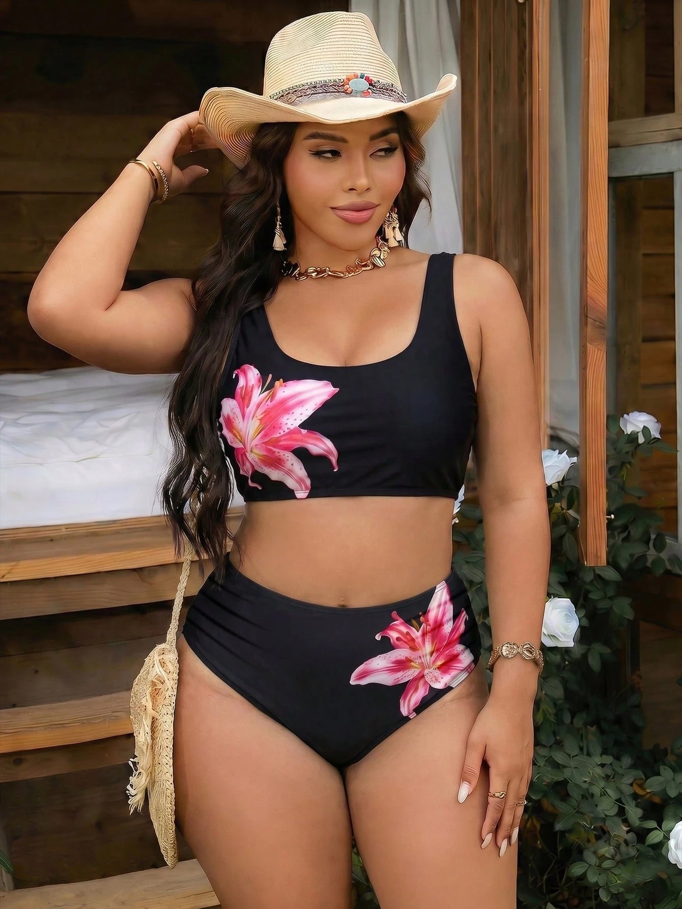 Swim Vcay Plus Size Women Black & White Plaid Two-Piece Fashion Casual Vacation Swimsuit Set