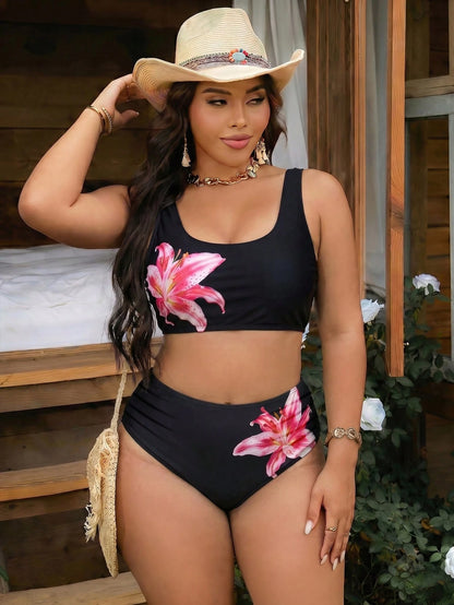Swim Vcay Plus Size Women Black & White Plaid Two-Piece Fashion Casual Vacation Swimsuit Set