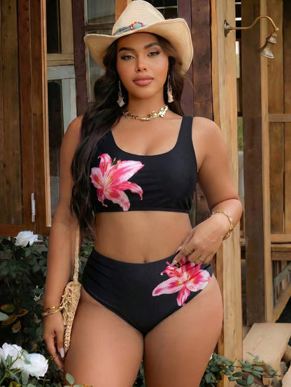 Swim Vcay Plus Size Women Black & White Plaid Two-Piece Fashion Casual Vacation Swimsuit Set