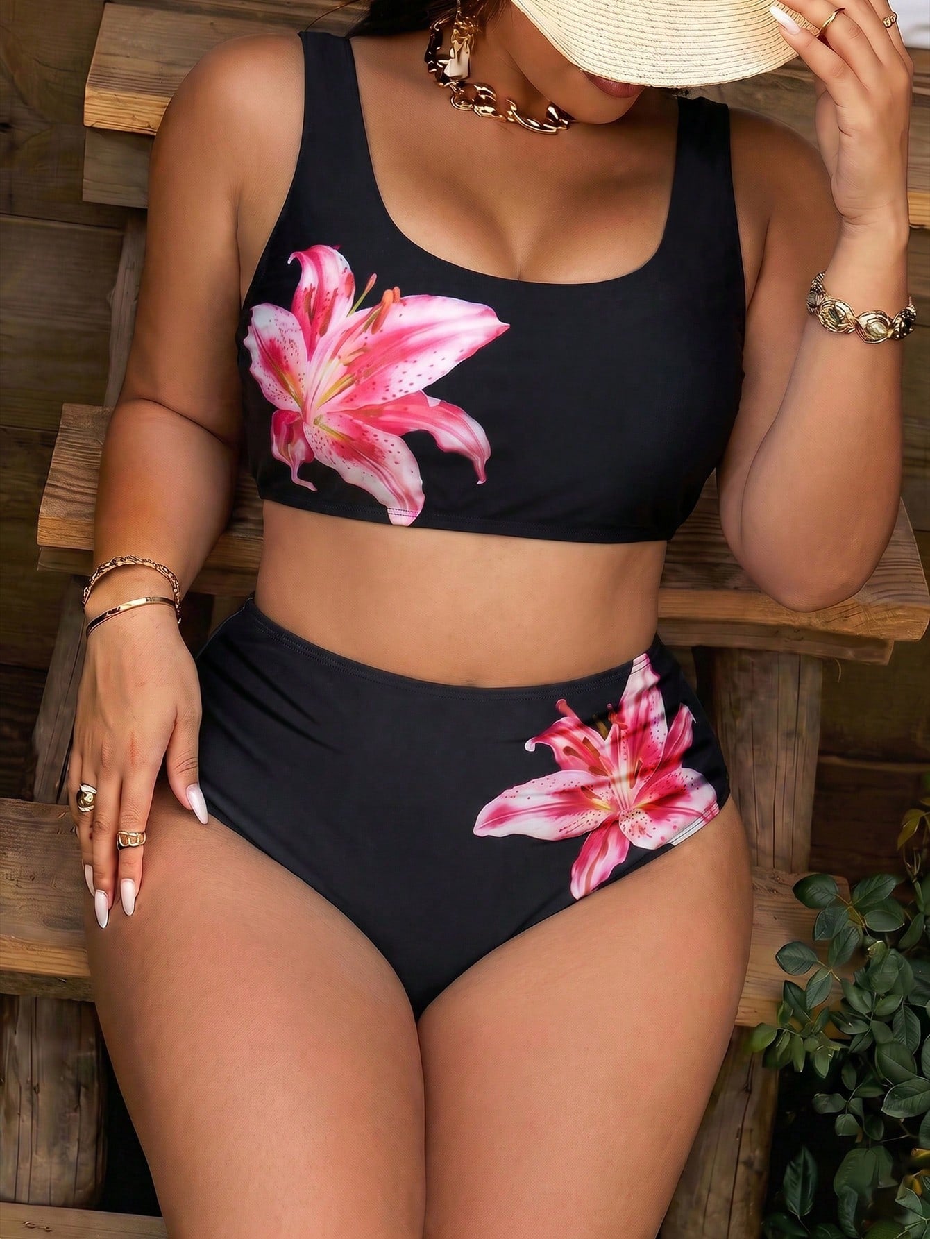 Swim Vcay Plus Size Women Black & White Plaid Two-Piece Fashion Casual Vacation Swimsuit Set