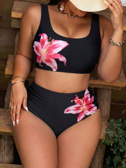 Swim Vcay Plus Size Women Black & White Plaid Two-Piece Fashion Casual Vacation Swimsuit Set