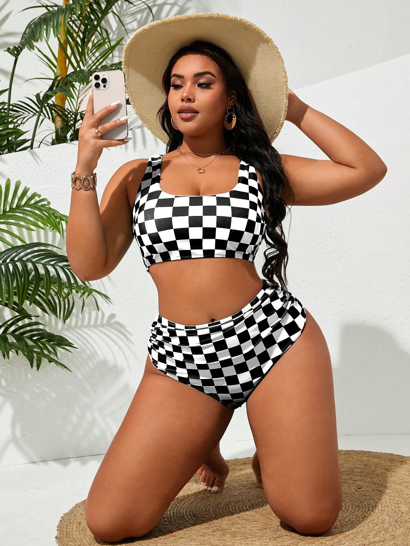 Swim Vcay Plus Size Women Black & White Plaid Two-Piece Fashion Casual Vacation Swimsuit Set