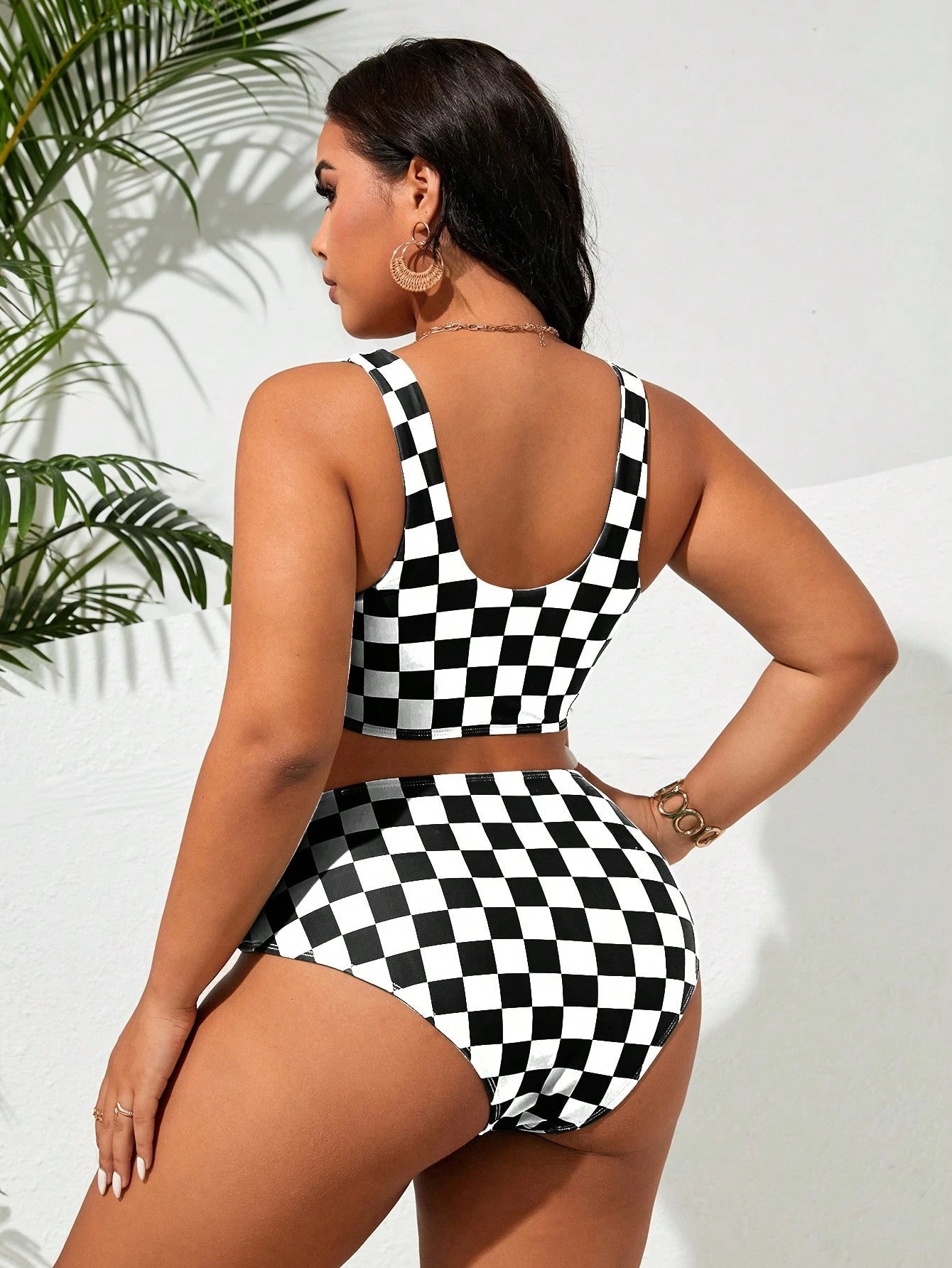 Swim Vcay Plus Size Women Black & White Plaid Two-Piece Fashion Casual Vacation Swimsuit Set