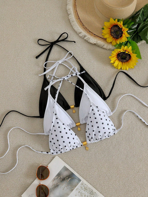 Swim Vcay Plus Size Women's 3-Piece Bikini Top Set, Black & White Multicolor Knitted Leopard Print Random Pattern Thin Strap Minimalist Casual Beachwear Single Top
