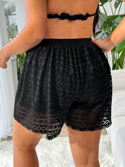Swim Vcay Plus Size Women's Black High Elasticity Special Fabric Casual Loose 2 In 1 Beach Pants