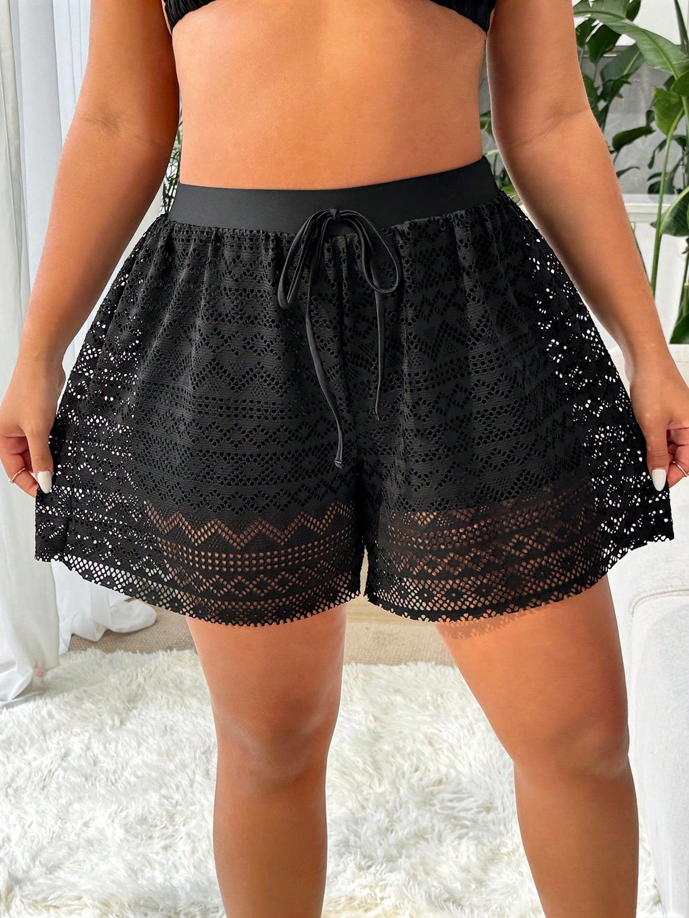 Swim Vcay Plus Size Women's Black High Elasticity Special Fabric Casual Loose 2 In 1 Beach Pants