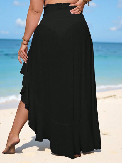 Swim Vcay Plus Size Women's White Cover-Up Cover Up Shirred Waist Ruffle Trim Maxi Beach Skirt, Lightweight Split Dress For Summer Beach Vacation