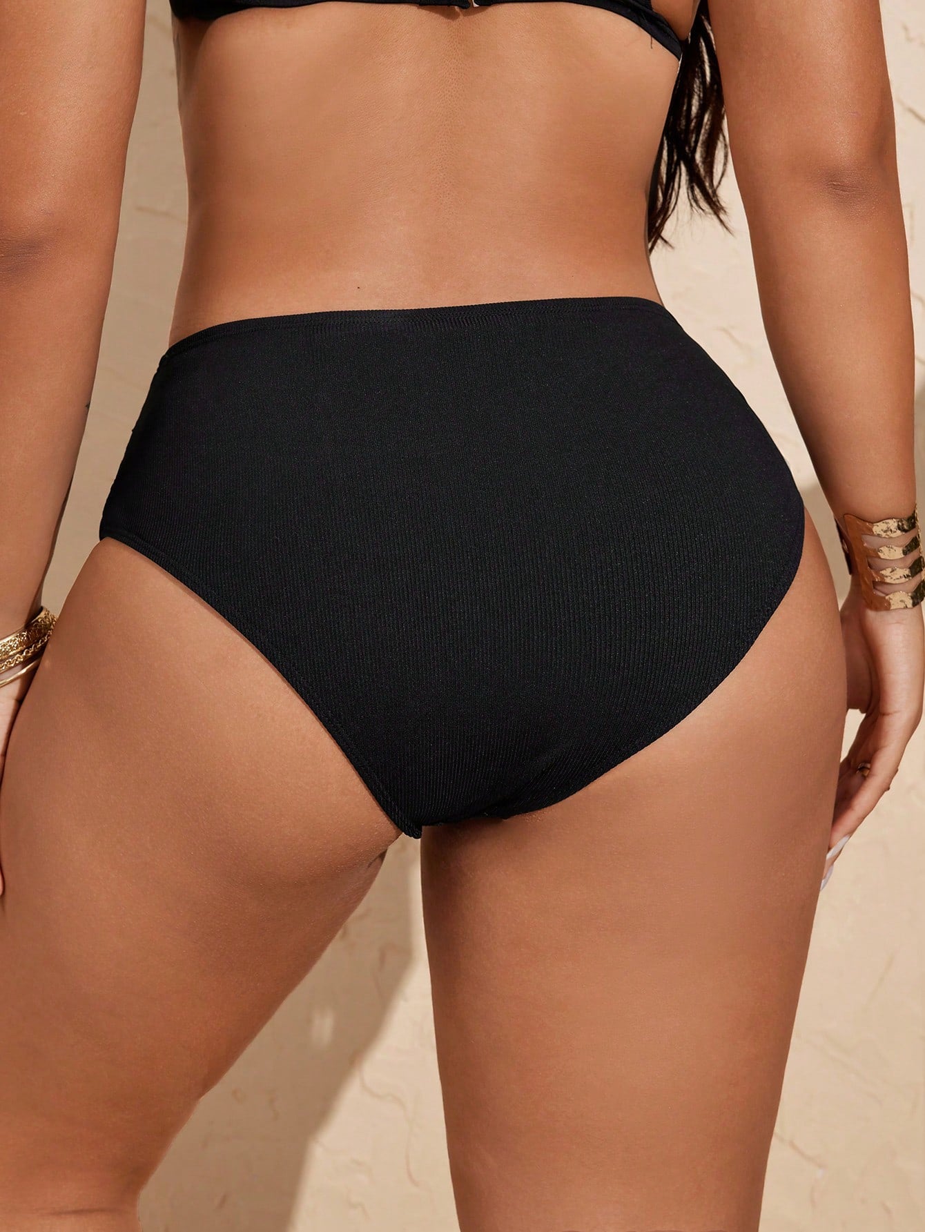 Swim Vcay Plus Size Women Solid Color Ruched Triangle Swim Briefs, Black Bikini Bottom For Summer Beach Vacation
