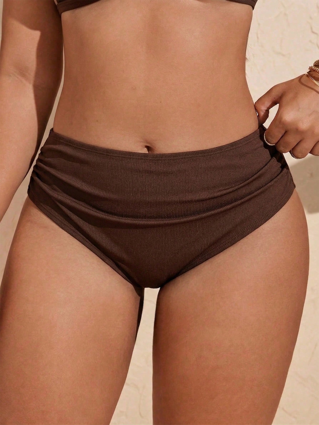 Swim Vcay Plus Size Women Solid Color Ruched Triangle Swim Briefs, Black Bikini Bottom For Summer Beach Vacation
