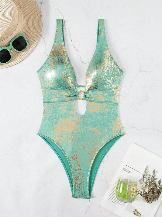 Swim Vcay Springbreak Women's Summer Hollow Out V-Neck Hooped One Piece Swimsuit, Festival Boho