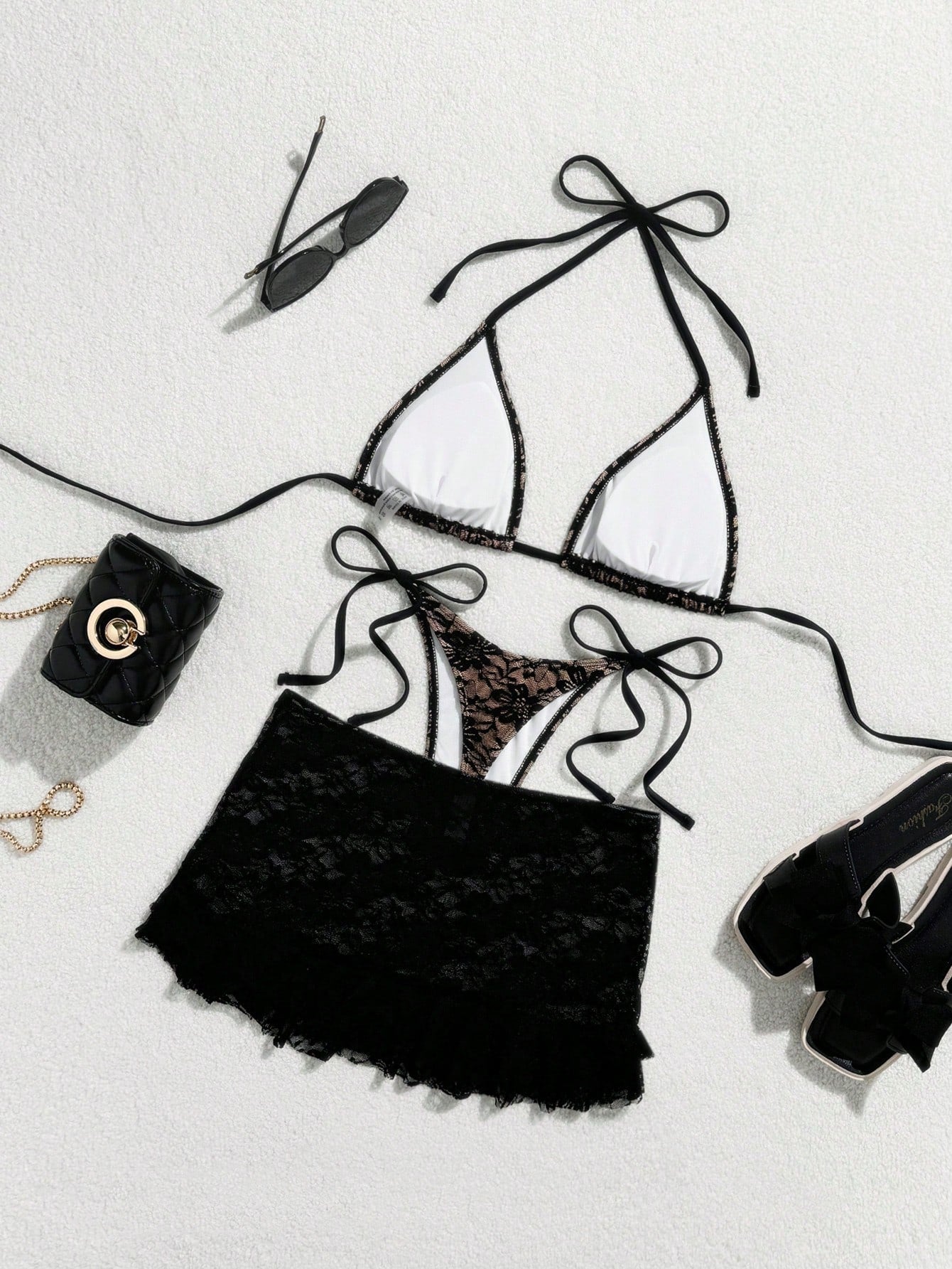 Swim Vcay Summer 3pcs Black Sexy Lace Flounce Mini Skirt, Triangle Cup Bra & G-String Bikini Set