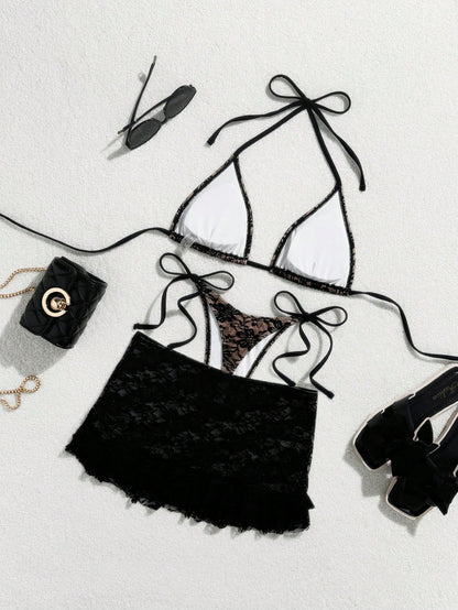 Swim Vcay Summer 3pcs Black Sexy Lace Flounce Mini Skirt, Triangle Cup Bra & G-String Bikini Set