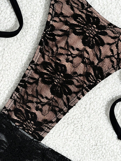 Swim Vcay Summer 3pcs Black Sexy Lace Flounce Mini Skirt, Triangle Cup Bra & G-String Bikini Set