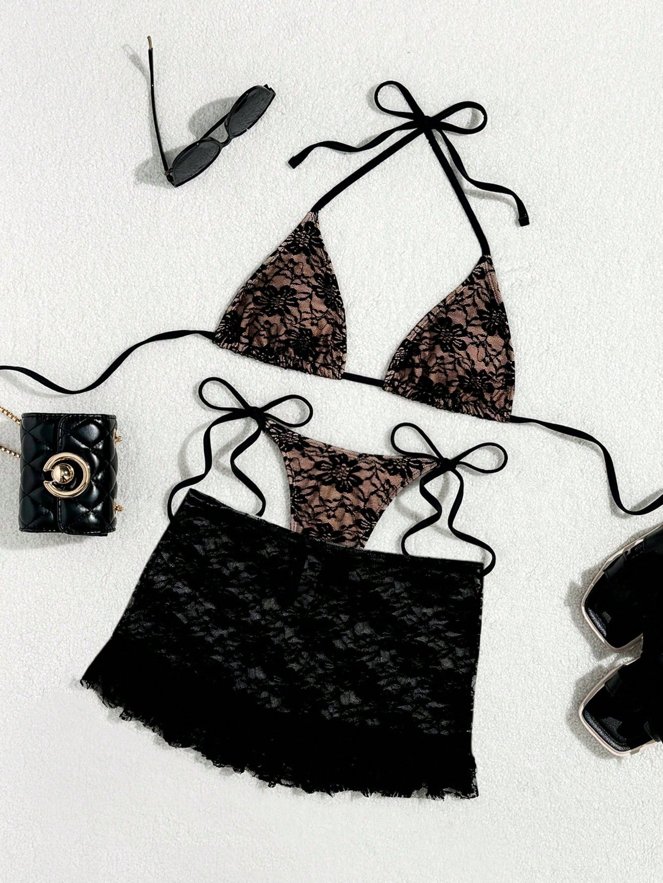 Swim Vcay Summer 3pcs Black Sexy Lace Flounce Mini Skirt, Triangle Cup Bra & G-String Bikini Set