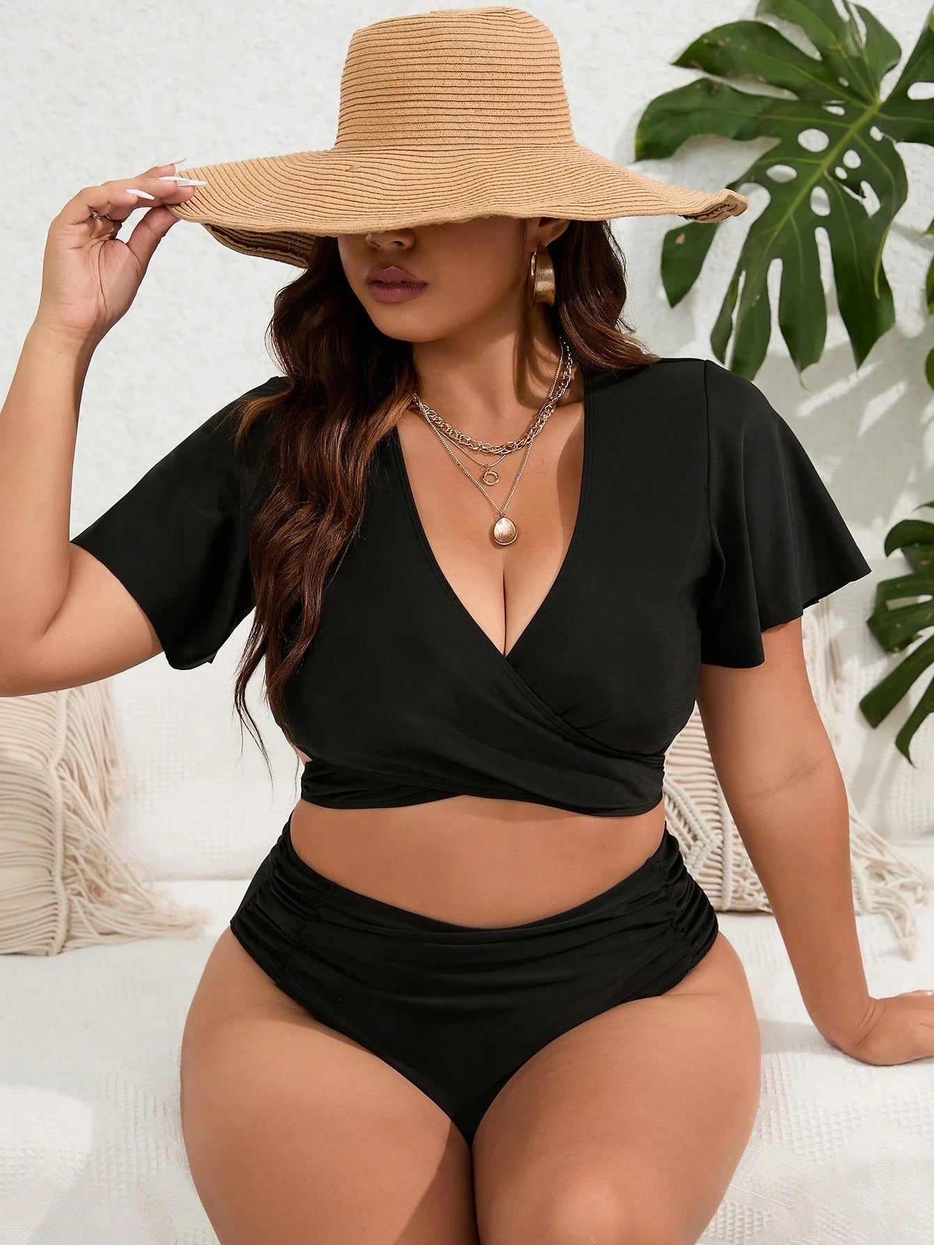 Swim Vcay Summer Beach Plus Size Solid Ruched Bikini Set