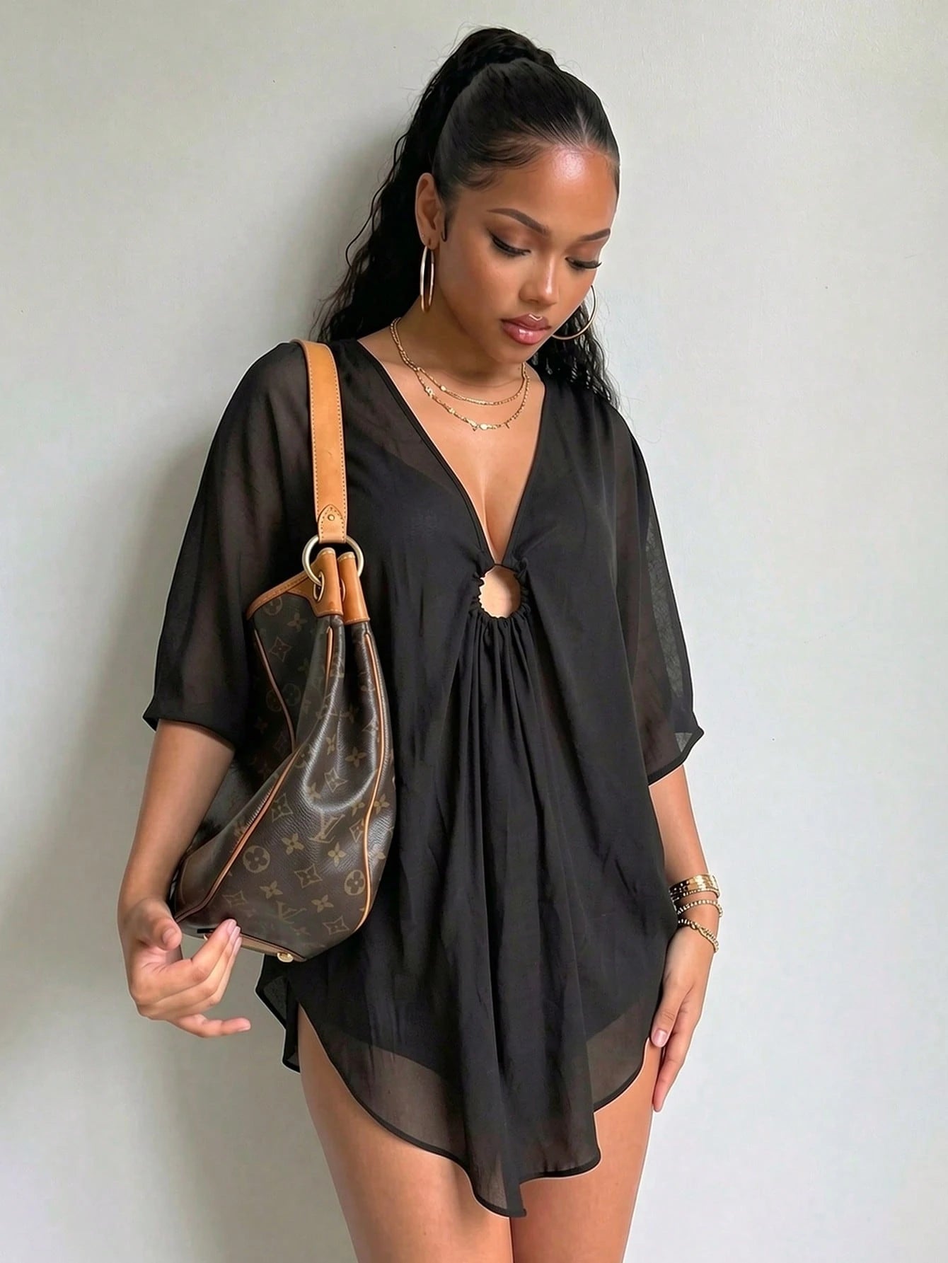 Swim Vcay Summer Beach Ring Linked Split Sleeve Asymmetrical Hem Cover Up Bathing Suit Cover Up