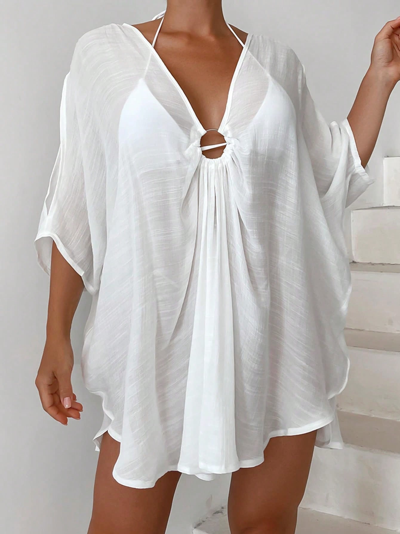 Swim Vcay Summer Beach Ring Linked Split Sleeve Asymmetrical Hem Cover Up Bathing Suit Cover Up