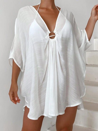 Swim Vcay Summer Beach Ring Linked Split Sleeve Asymmetrical Hem Cover Up Bathing Suit Cover Up
