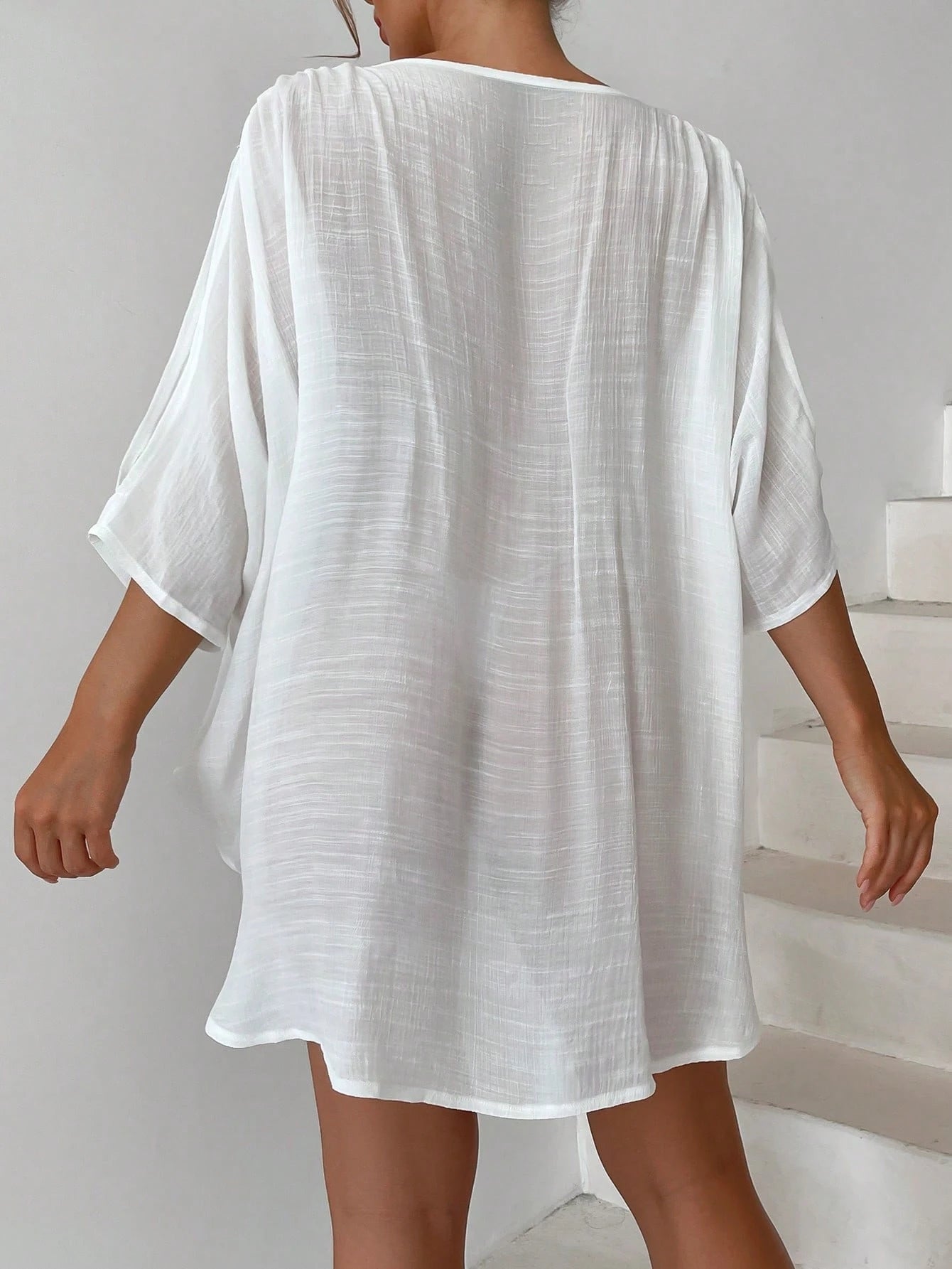 Swim Vcay Summer Beach Ring Linked Split Sleeve Asymmetrical Hem Cover Up Bathing Suit Cover Up