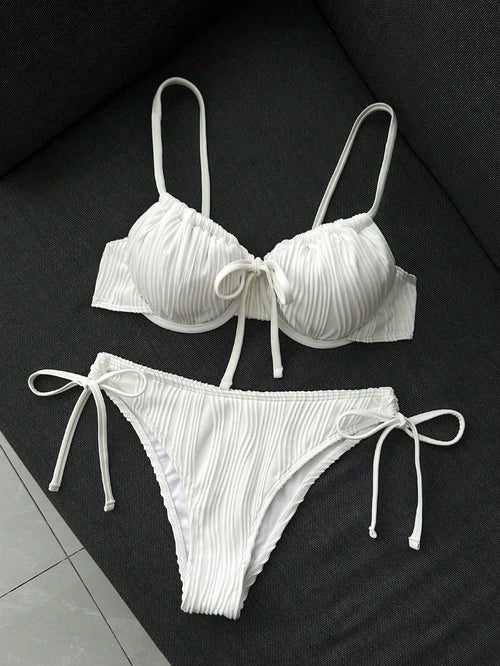 Swim Vcay Women's Casual Vacation Beach Party Elegant Spaghetti Strap Special Fabric Solid Yellow Bikini 2-Piece Swimsuit New Summer