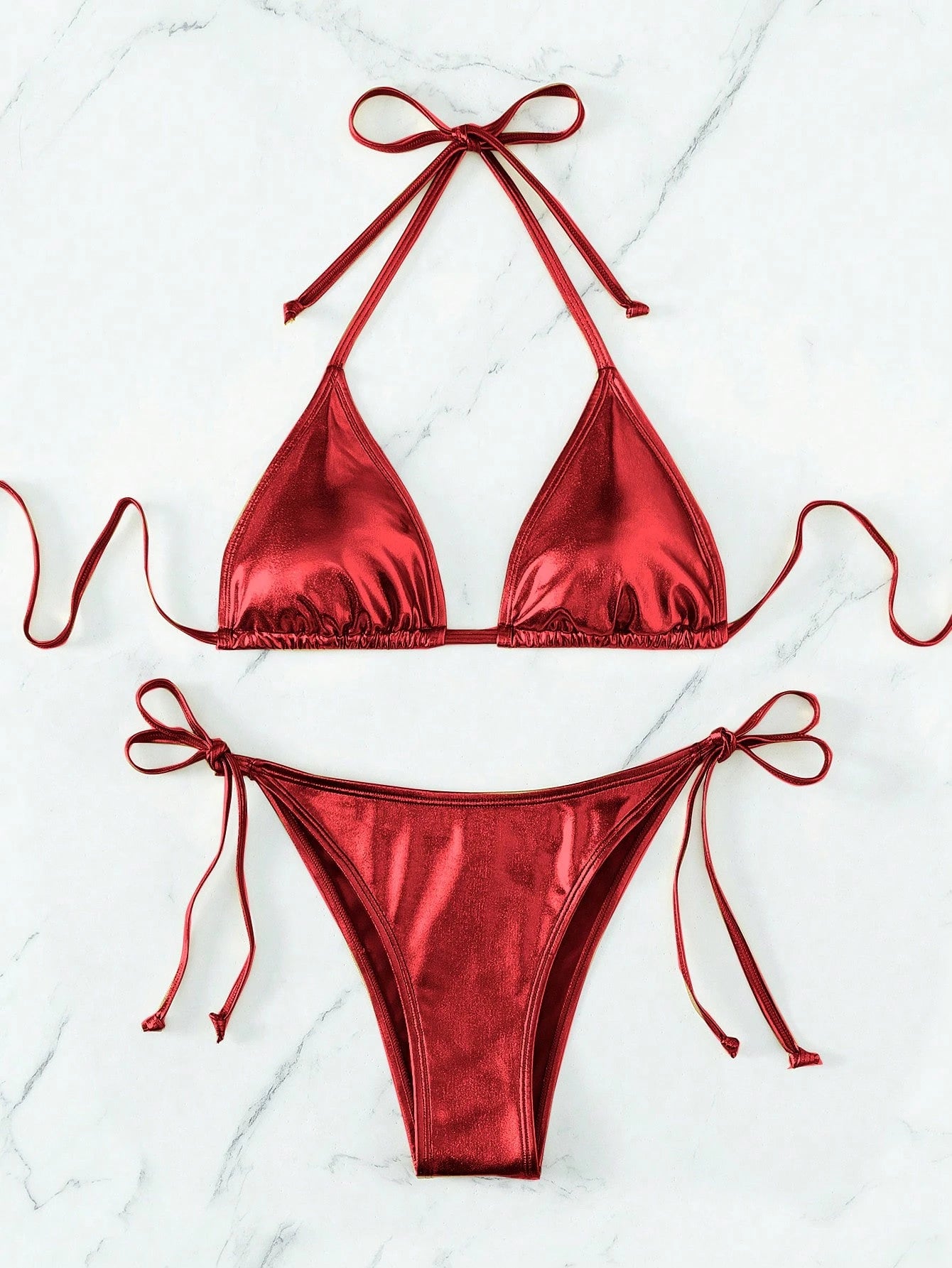 Swim Vcay Women's Solid Color Halter Neck Bikini Top & Tie Side Bottom Bikini Swimwear Set, Summer Beach Vacation
