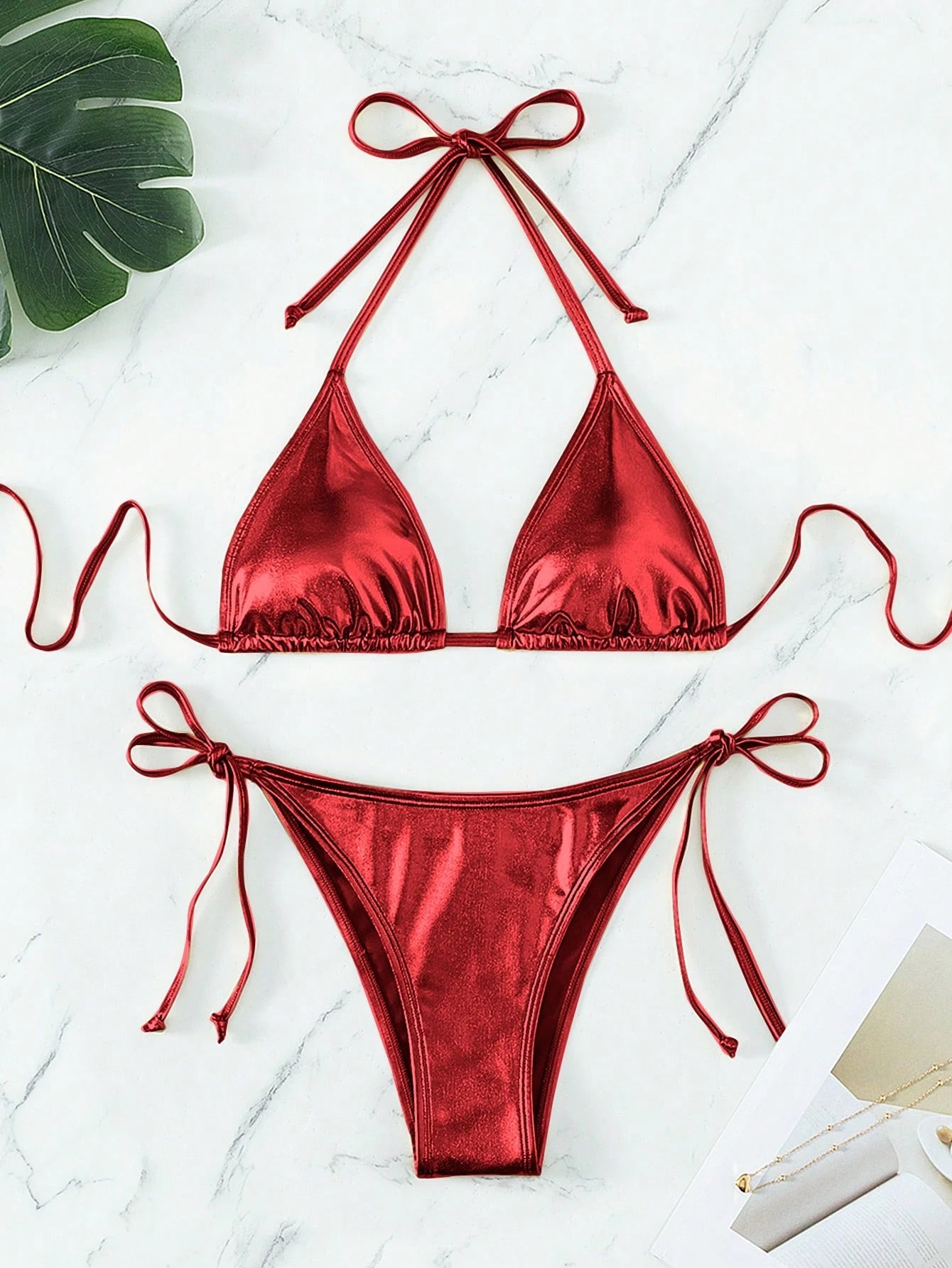 Swim Vcay Women's Solid Color Halter Neck Bikini Top & Tie Side Bottom Bikini Swimwear Set, Summer Beach Vacation
