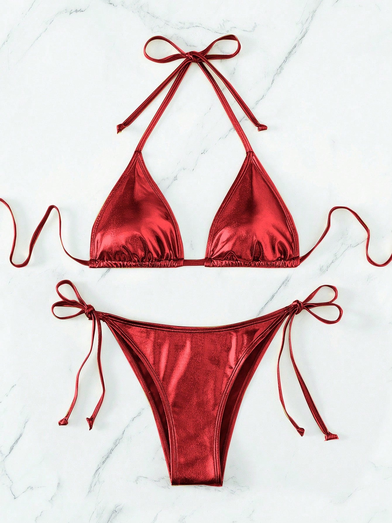 Swim Vcay Women's Solid Color Halter Neck Bikini Top & Tie Side Bottom Bikini Swimwear Set, Summer Beach Vacation