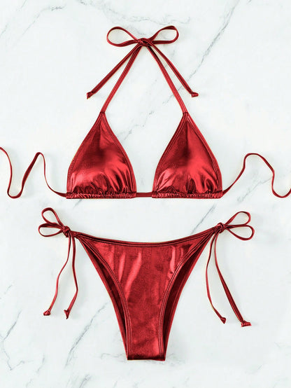 Swim Vcay Women's Solid Color Halter Neck Bikini Top & Tie Side Bottom Bikini Swimwear Set, Summer Beach Vacation