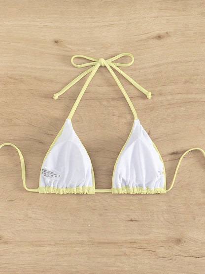 Swim Vcay Women's Solid Color Halter Tie Push Up Bikini Top,Yellow Triangle Bathing Suit,White,Summer,Modest,Beach Vacation,Holiday