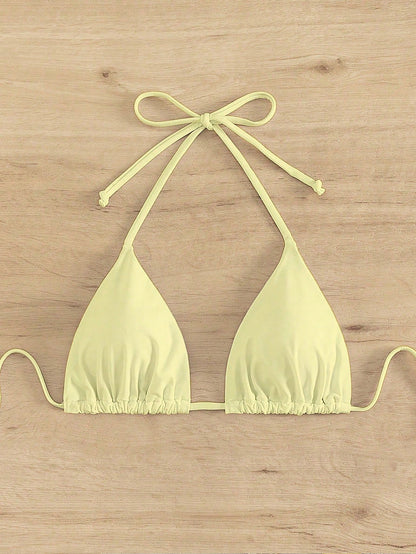 Swim Vcay Women's Solid Color Halter Tie Push Up Bikini Top,Yellow Triangle Bathing Suit,White,Summer,Modest,Beach Vacation,Holiday