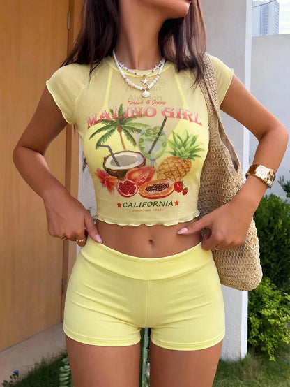 Swim Vcay Women's Summer Beach Solid Color Halter Tie Fashion Bikini Two-Piece Swimsuit Set With Palm Tree Print Cover-Up Top, Random Print, 3-Piece Set