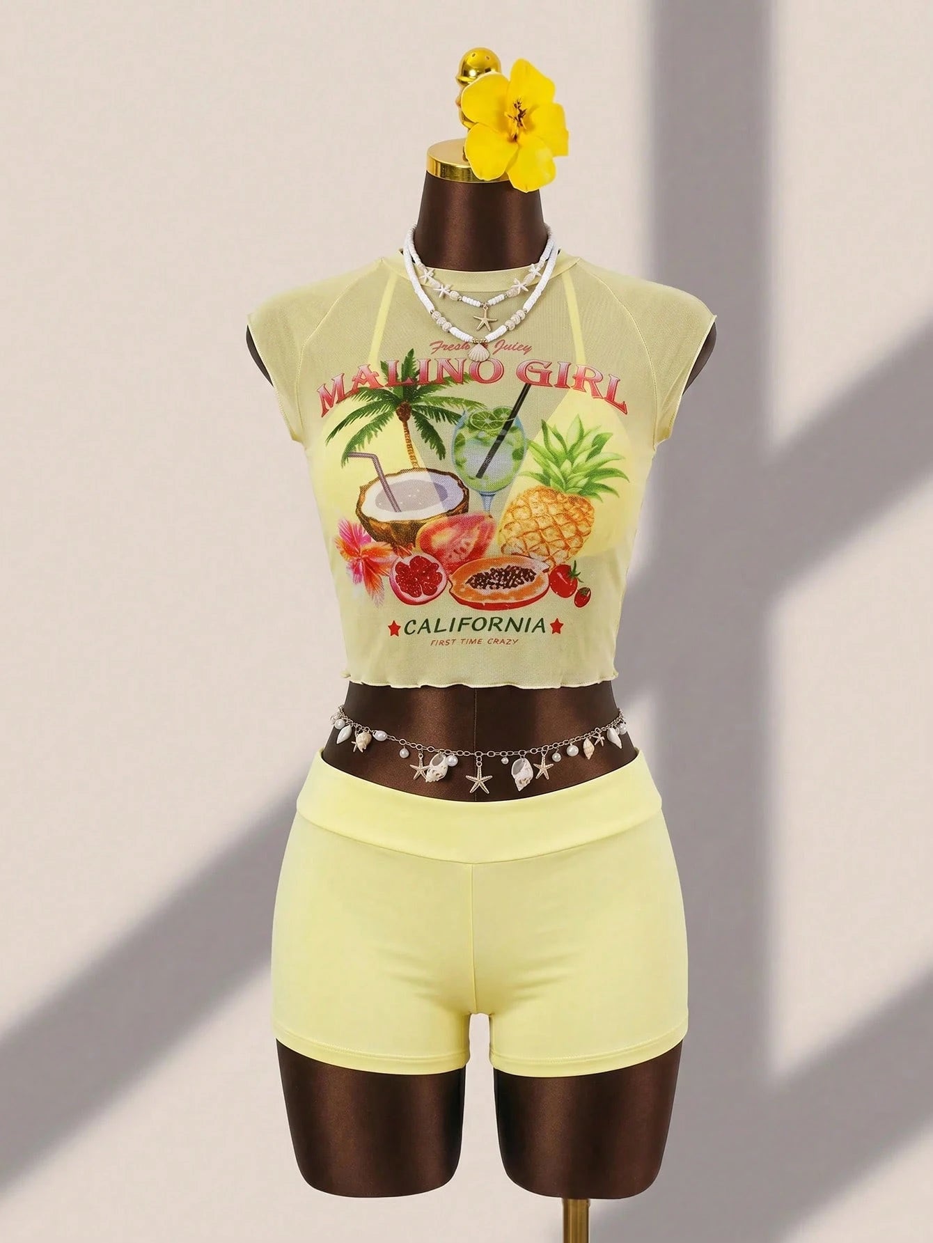 Swim Vcay Women's Summer Beach Solid Color Halter Tie Fashion Bikini Two-Piece Swimsuit Set With Palm Tree Print Cover-Up Top, Random Print, 3-Piece Set