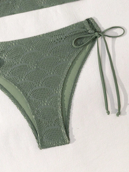 Swim Vcay Women's Summer Beach Vacation Elegant Lace Sage Green Bikini Swimwear Set, Hollow-Out Halter Neck Tie Two-Piece Beach Outfit